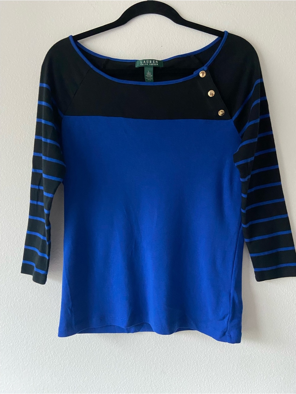 Lauren Ralph Lauren Blue Black Colorblock 3/4 Sleeve Top Size L